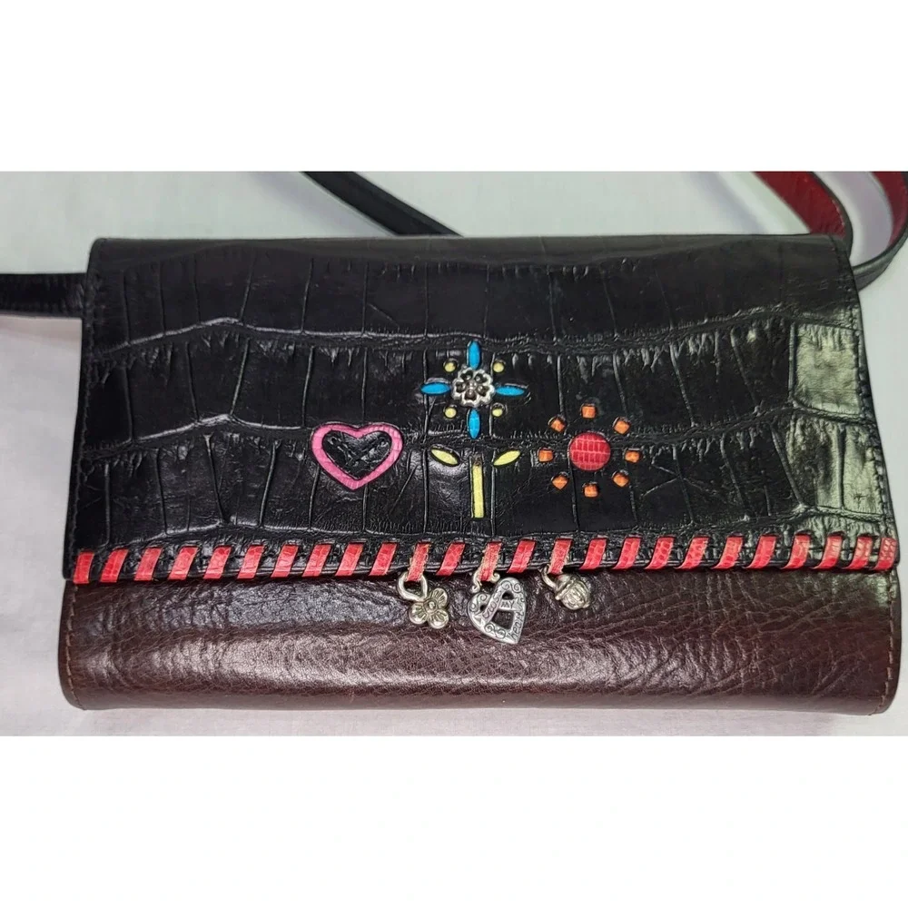 Brighton Crossbody Bag Wallet Purse Croc Embossed Charms Red & Black Strap Heart